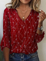 Casual Three Quarter Sleeve V Neck Geometric Loose Regular Blouse