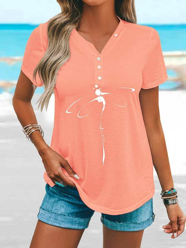 Loose Short Sleeve V Neck Dragonfly Casual Mid-Long Blouse