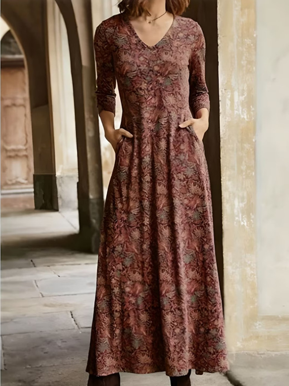 Casual Long Sleeve V Neck Floral Maxi Dress