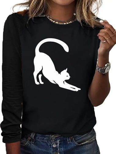 Loose Long Sleeve Crew Neck Cat Casual Regular T-Shirt