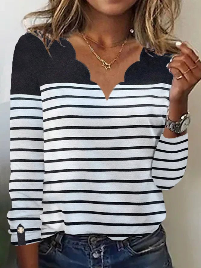 Loose Long Sleeve V Neck Striped Casual Regular T-Shirt