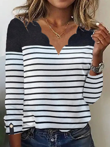 Loose Long Sleeve V Neck Striped Casual Regular T-Shirt