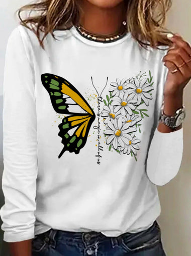 Casual Long Sleeve Crew Neck Butterfly Loose Regular T-Shirt