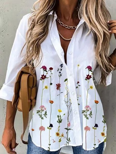 Loose Long Sleeve Shirt Collar Floral Casual Regular Shirt
