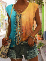 Casual Sleeveless V Neck Contrast Stitching Regular Blouse