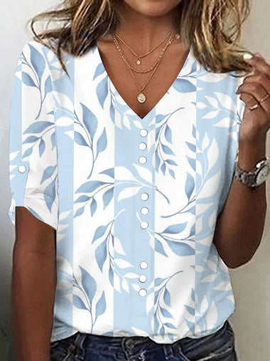 Loose Three Quarter Sleeve V Neck Leaf Casual Regular T-Shirt