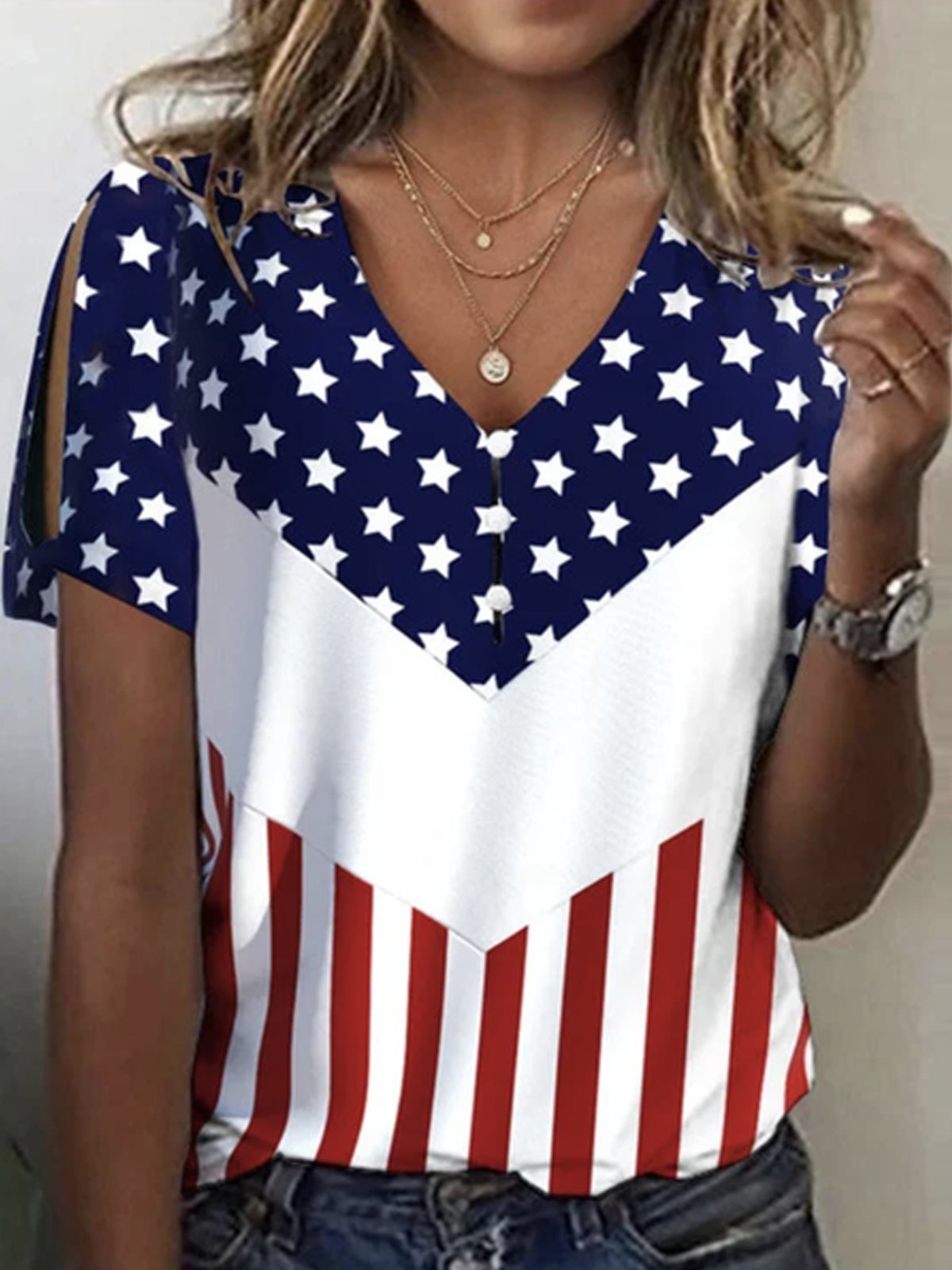 Loose Short Sleeve V Neck America Flag Casual Regular Blouse