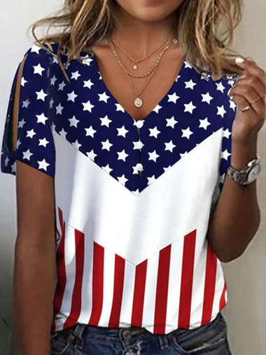 Loose Short Sleeve V Neck America Flag Casual Regular Blouse