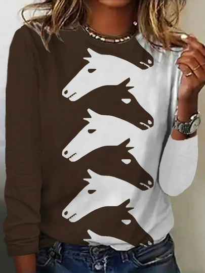 Loose Long Sleeve Crew Neck Horse Casual Regular T-Shirt