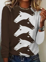 Loose Long Sleeve Crew Neck Horse Casual Regular T-Shirt