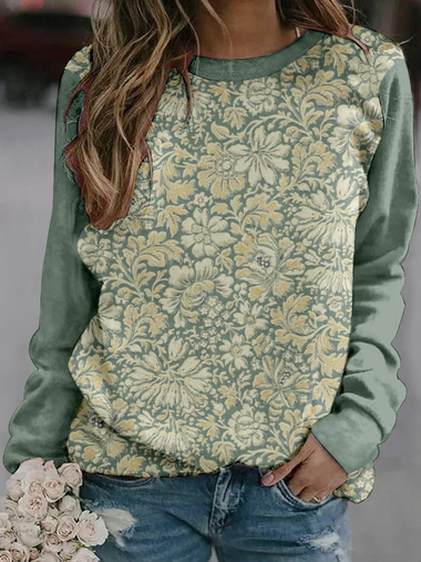 Loose Long Sleeve Crew Neck Floral Casual Regular Sweatshirt