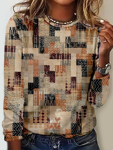 Loose Long Sleeve Crew Neck Ethnic Casual Regular T-Shirt