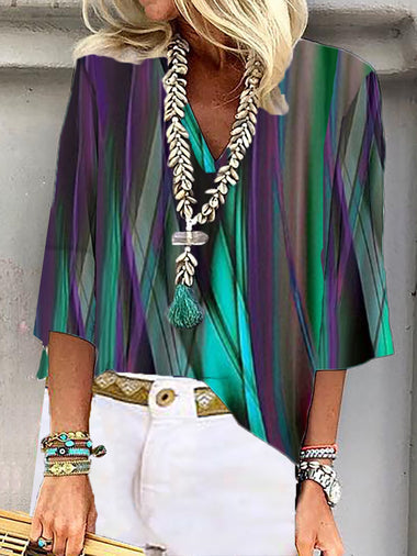 Casual Three Quarter Sleeve V Neck Abstract Loose Regular Blouse