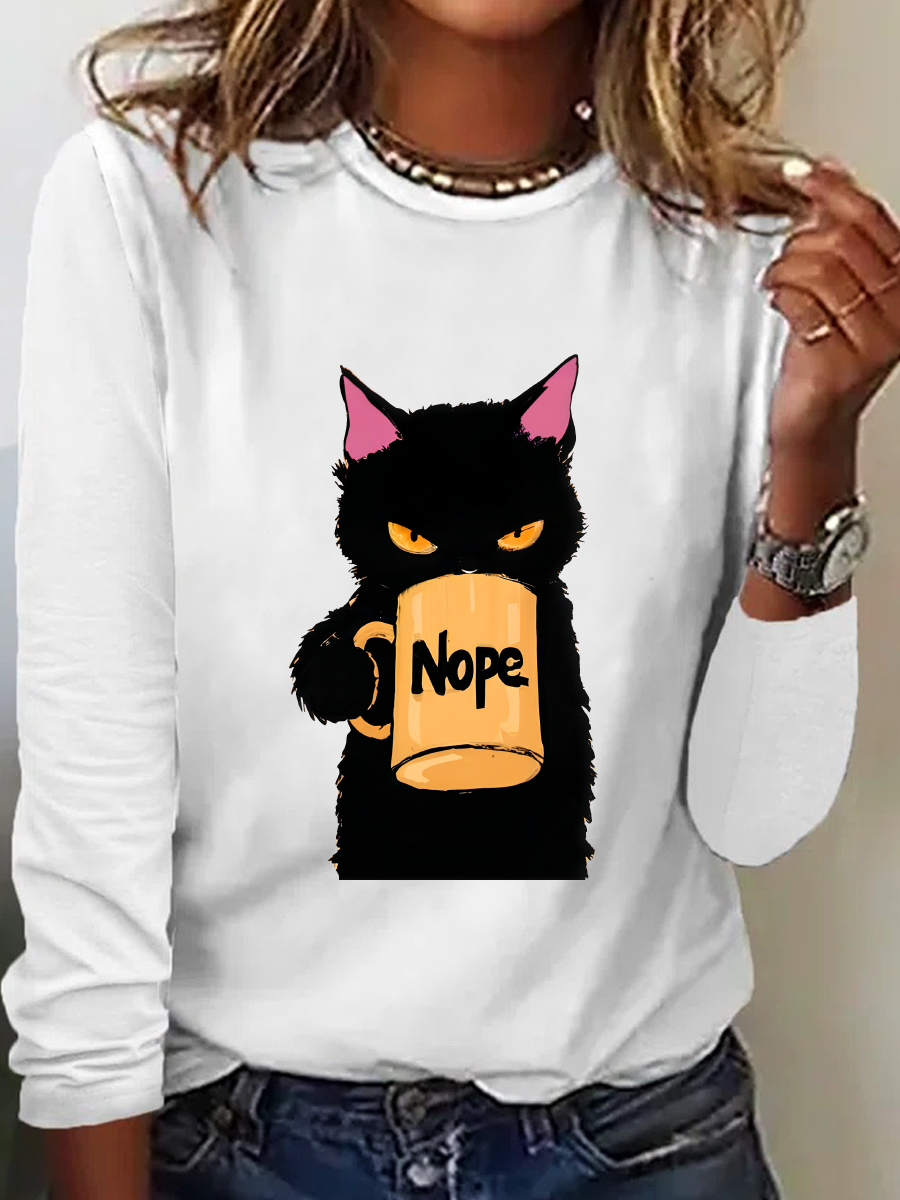 Loose Long Sleeve Crew Neck Cat Casual Regular Blouse