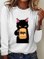 Loose Long Sleeve Crew Neck Cat Casual Regular Blouse