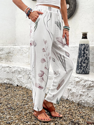 Casual Floral Pocket Stitching Loose Long Pants