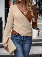 Casual Long Sleeve V Neck Color Block Loose Regular Blouse
