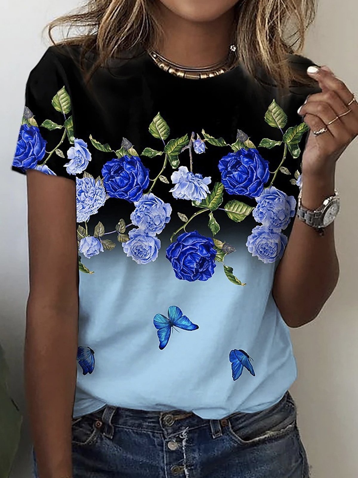 Casual Short Sleeve Crew Neck Floral Loose Regular T-Shirt