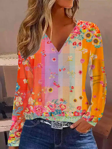 Casual Long Sleeve V Neck Floral Plaid Loose Regular T-Shirt