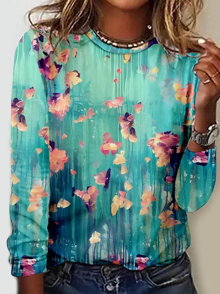 Casual Long Sleeve Crew Neck Floral Loose Regular T-Shirt
