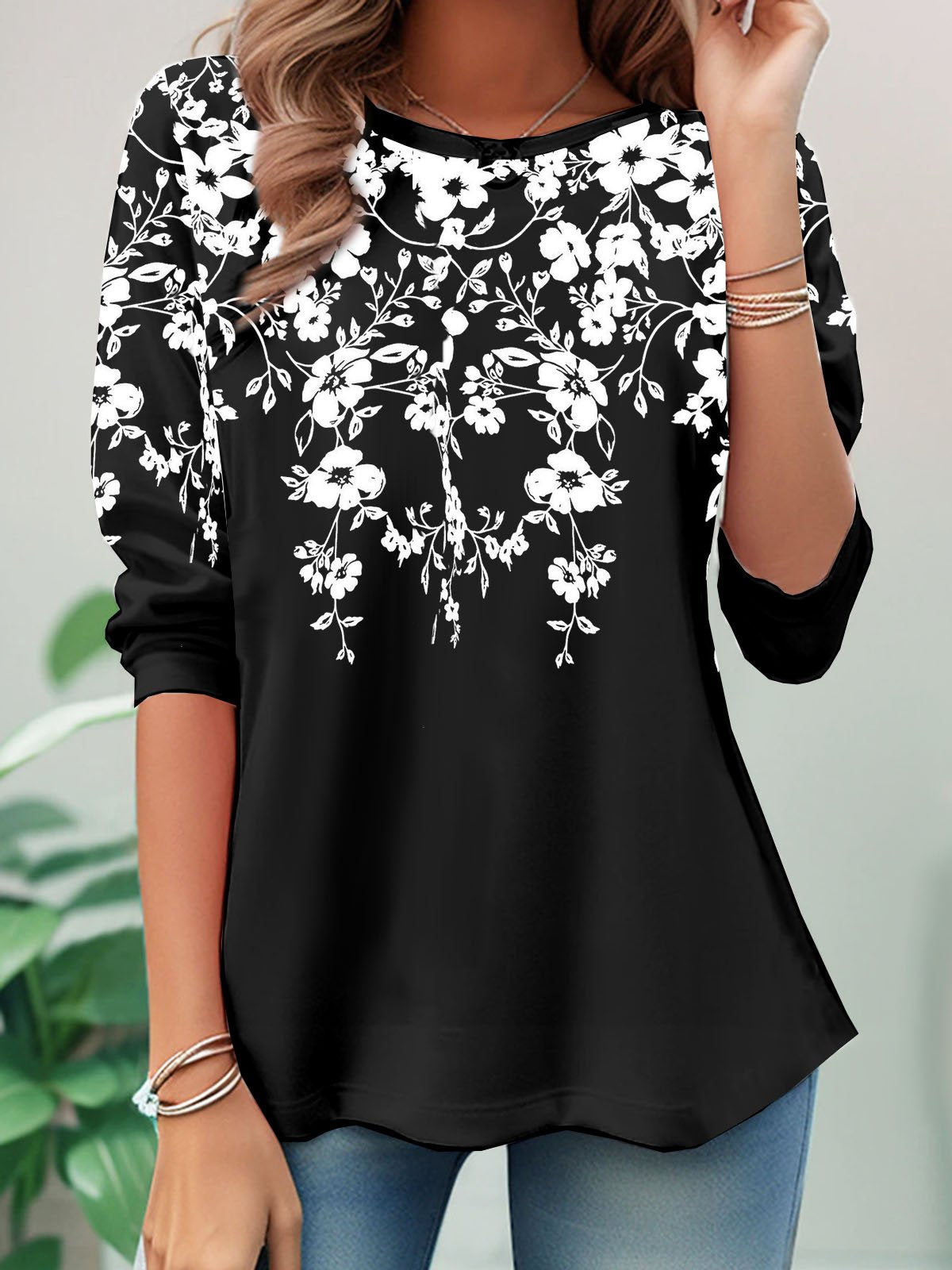 Casual Long Sleeve Crew Neck Floral Loose Regular Blouse