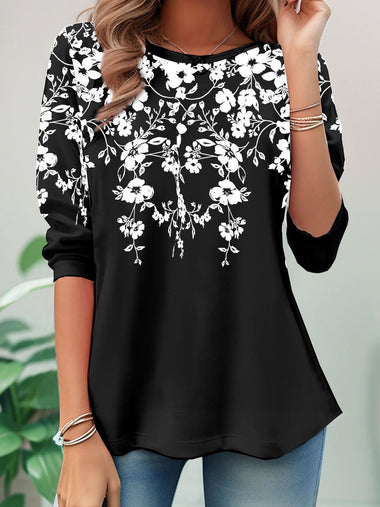Casual Long Sleeve Crew Neck Floral Loose Regular Blouse