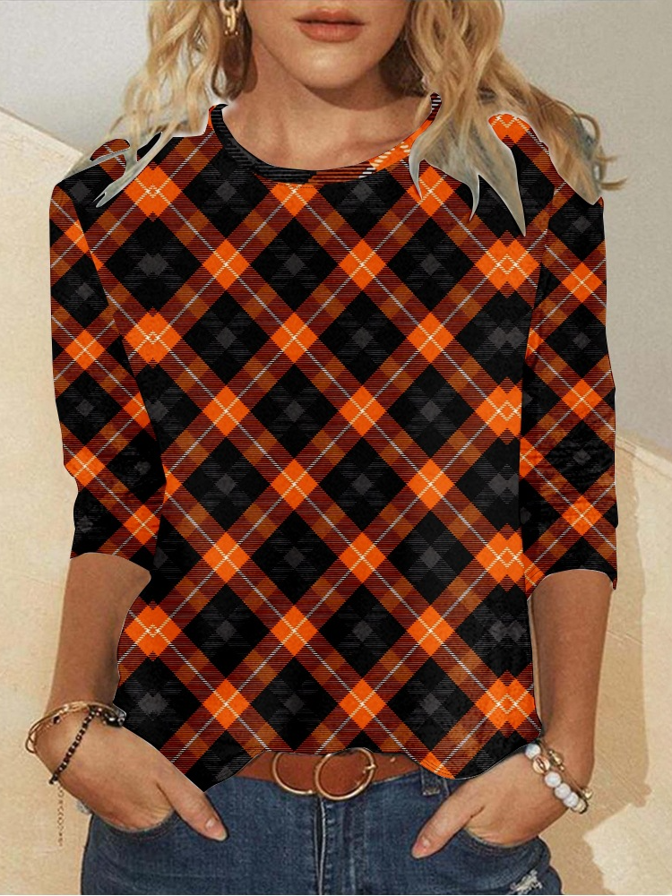 Loose Long Sleeve Crew Neck Plaid Casual Regular T-Shirt