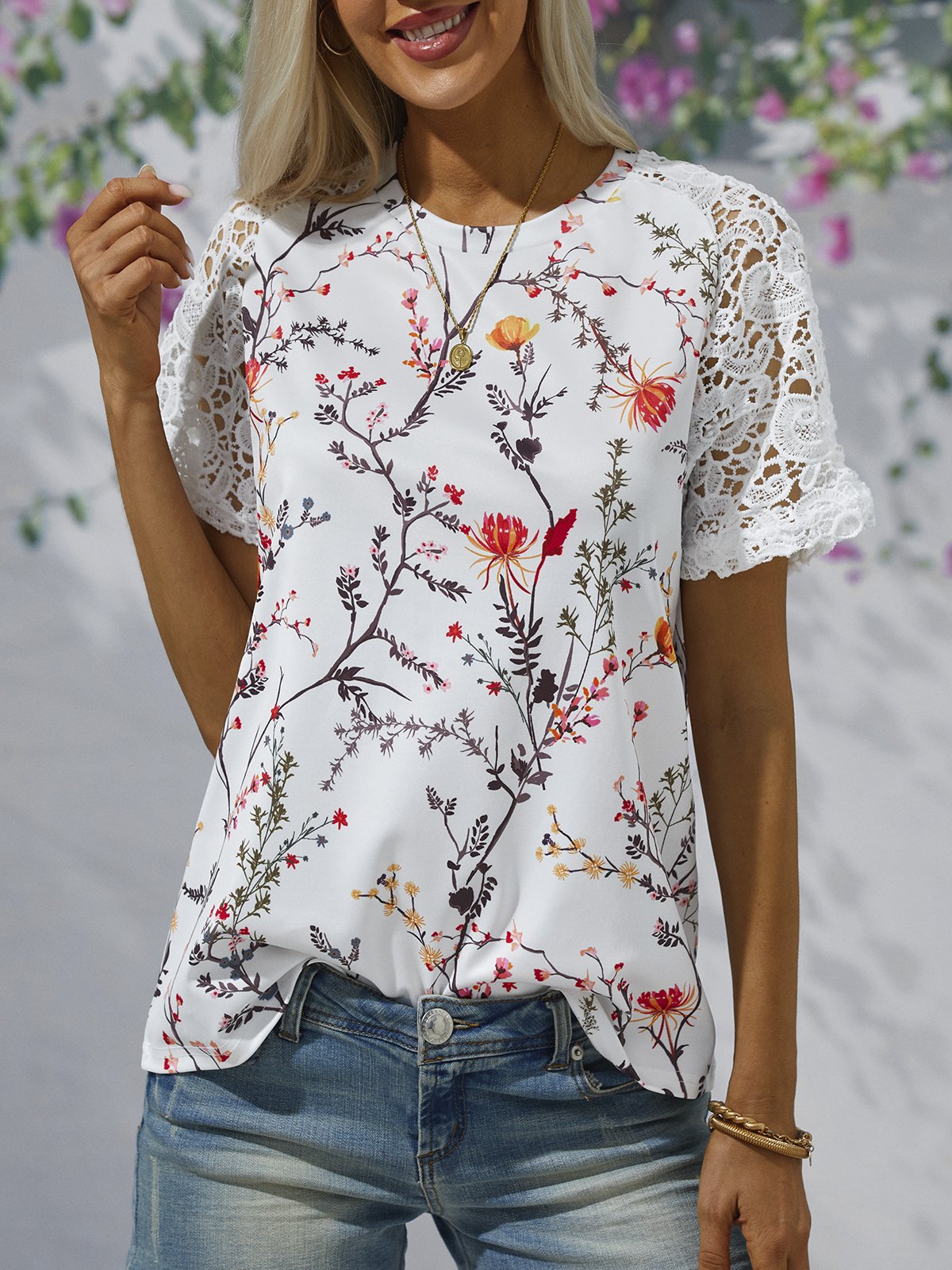 Casual Short Sleeve Crew Neck Floral Loose Regular Blouse