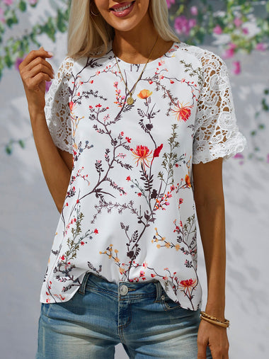 Casual Short Sleeve Crew Neck Floral Loose Regular Blouse