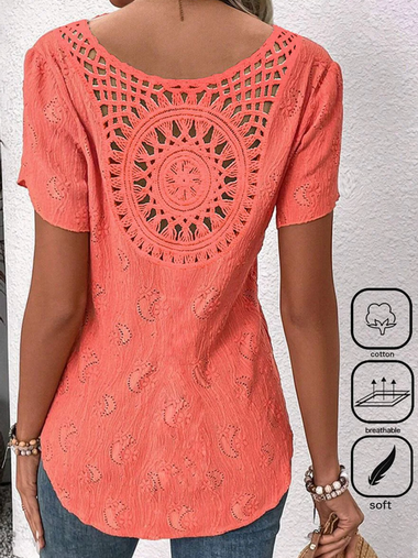 Loose Short Sleeve Notched Plain Casual Regular Blouse