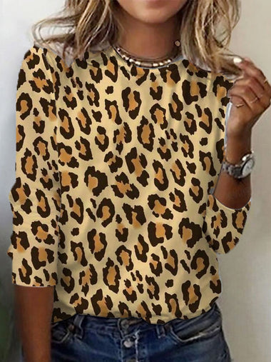 Loose Long Sleeve Crew Neck Leopard Casual Regular T-Shirt