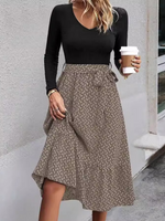 Casual Long Sleeve Crew Neck Color Block Maxi Dress