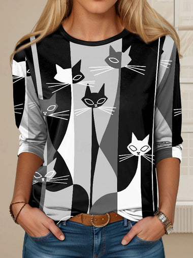 Loose Long Sleeve Crew Neck Cat Casual Regular T-Shirt