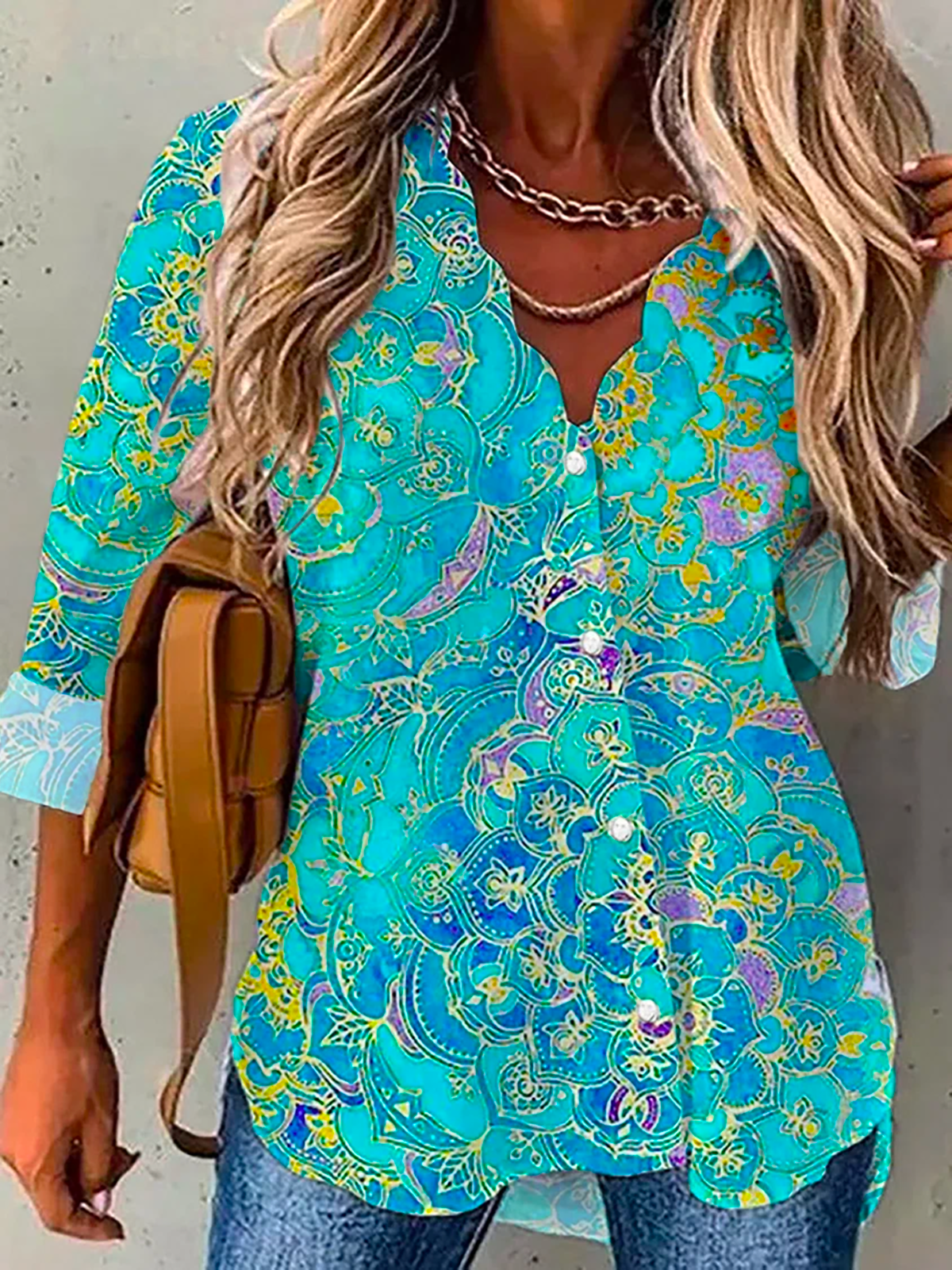 Casual Long Sleeve V Neck Abstract Loose Regular Shirt