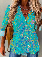 Casual Long Sleeve V Neck Abstract Loose Regular Shirt