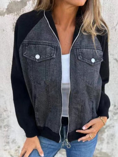 Loose Shawl Collar Long Sleeve Contrast Stitching Zipper Casual Regular Jacket