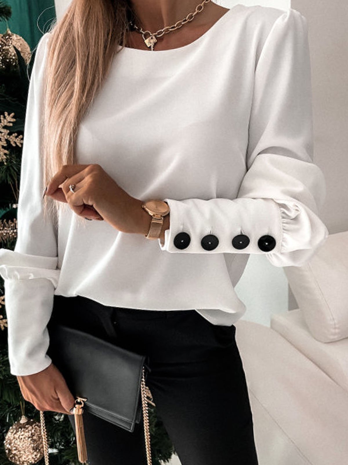 Casual Long Sleeve Crew Neck Plain Loose Regular Blouse