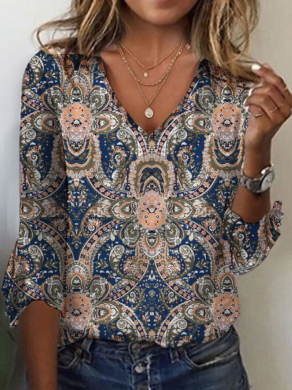 Loose Three Quarter Sleeve V Neck Ethnic Casual Regular T-Shirt