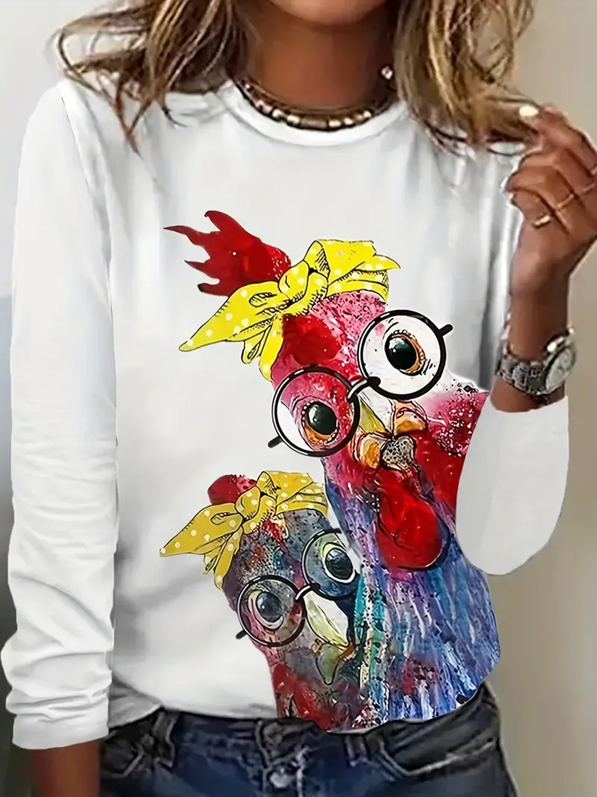 Casual Long Sleeve Crew Neck Animal Loose Regular T-Shirt