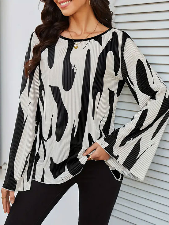 Casual Long Sleeve Crew Neck Color Block Loose Regular Blouse