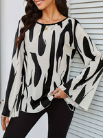 Casual Long Sleeve Crew Neck Color Block Loose Regular Blouse