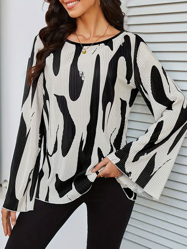 Casual Long Sleeve Crew Neck Color Block Loose Regular Blouse