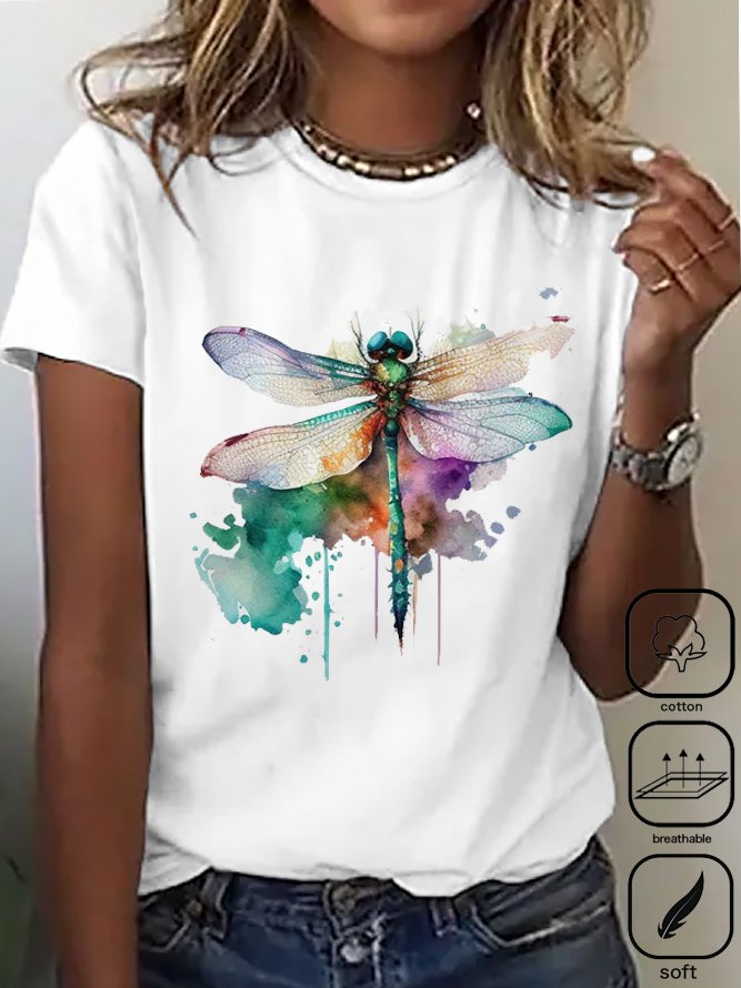 Casual Short Sleeve Crew Neck Dragonfly Loose Regular T-Shirt