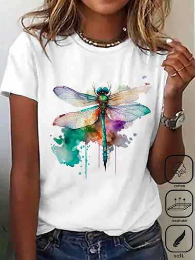 Casual Short Sleeve Crew Neck Dragonfly Loose Regular T-Shirt