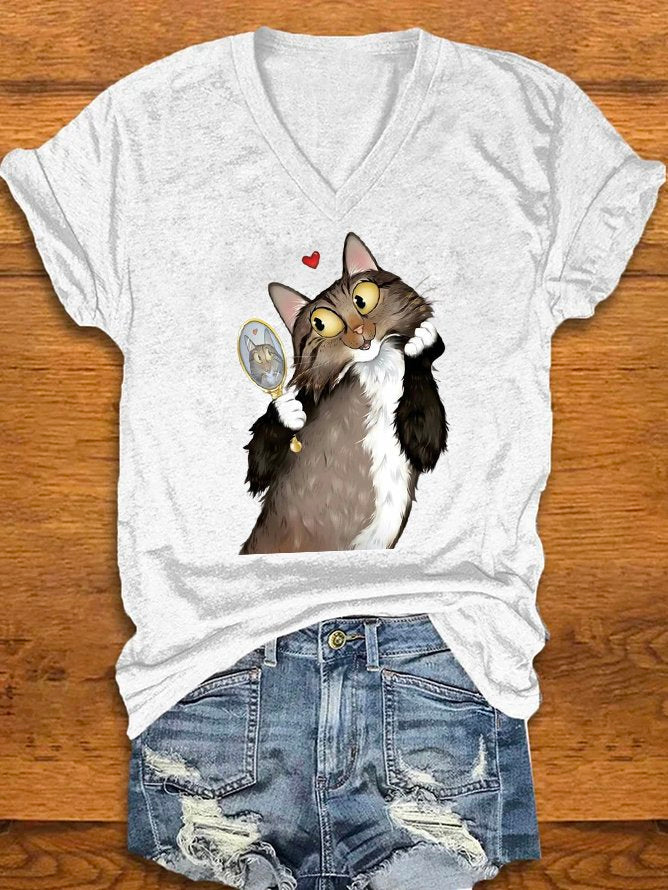 Casual Short Sleeve V Neck Animal Loose Regular T-Shirt