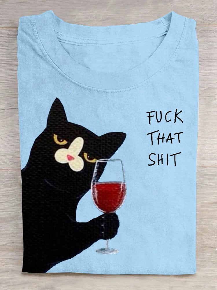 Casual Short Sleeve Crew Neck Cat Loose Regular T-Shirt