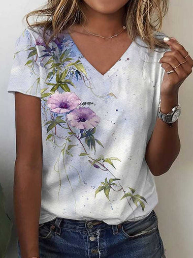 Casual Short Sleeve V Neck Floral Loose Regular T-Shirt