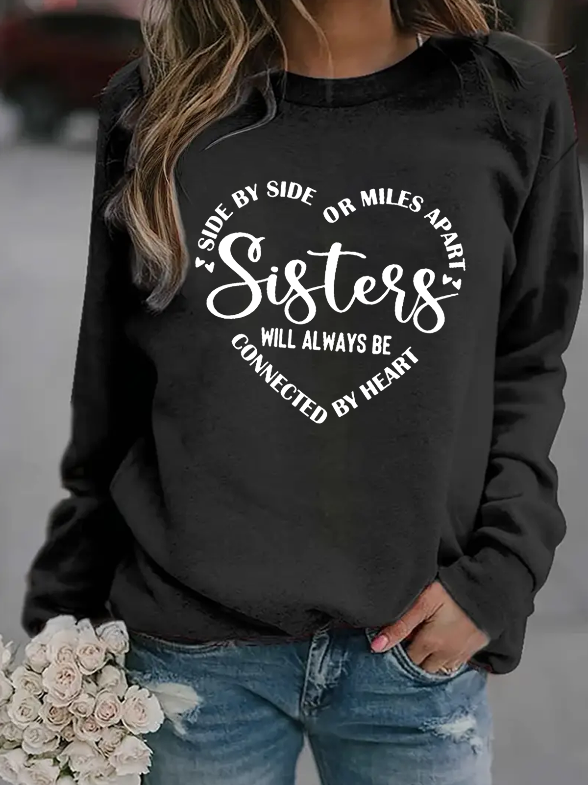 Loose Long Sleeve Crew Neck Text Letters Casual Regular Sweatshirt
