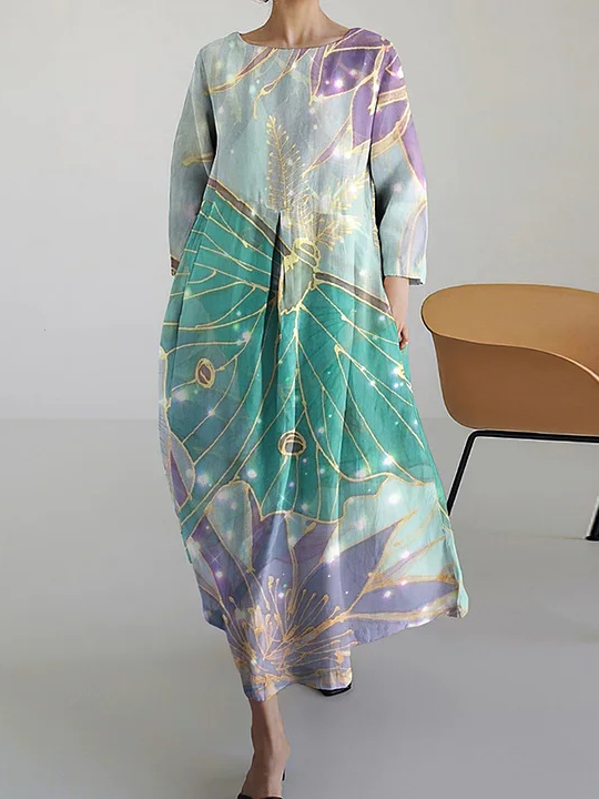 Casual Three Quarter Sleeve Crew Neck Floral Loose Maxi Dress
