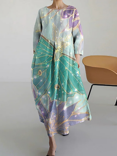 Casual Three Quarter Sleeve Crew Neck Floral Loose Maxi Dress